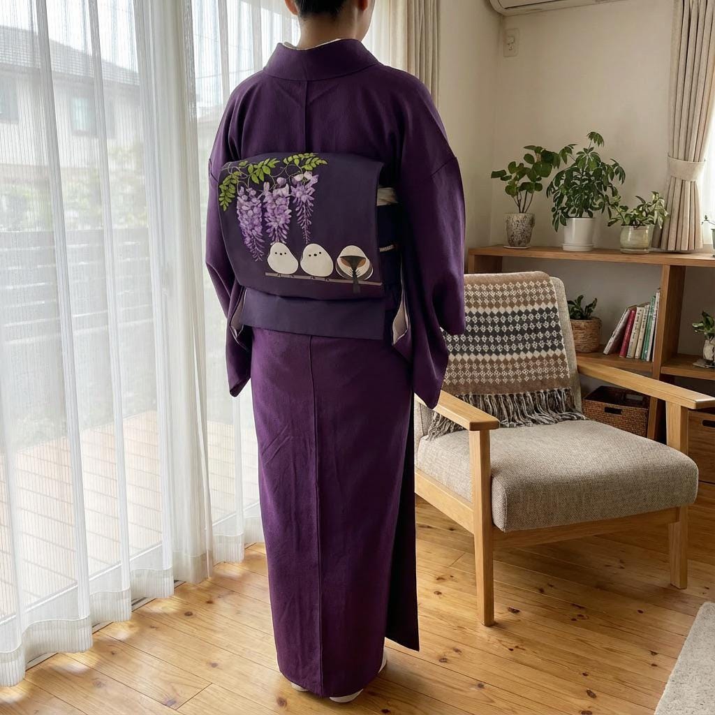 Purple Hokkaido Bird Pre-Tied Nagoya Obi, Easy Wear Taiko Knot, Long-tailed Tit (or Shima-enaga)