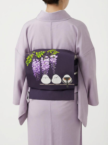 Purple Hokkaido Bird Pre-Tied Nagoya Obi, Easy Wear Taiko Knot, Long-tailed Tit (or Shima-enaga)