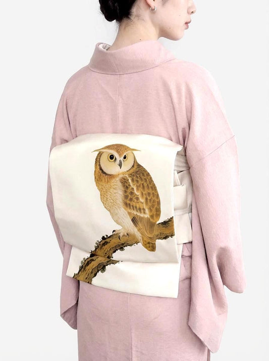 Pre-Tied Nagoya Obi, Taiko Knot, Owl Design Kimono Sash