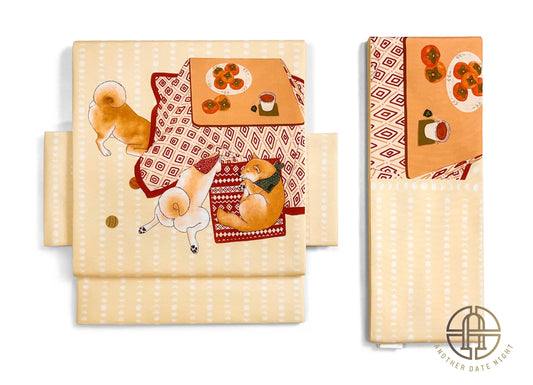 Shiba Inu Pre-Tied Taiko Knot, Easy Wear Nagoya Obi, Two-Side Sash