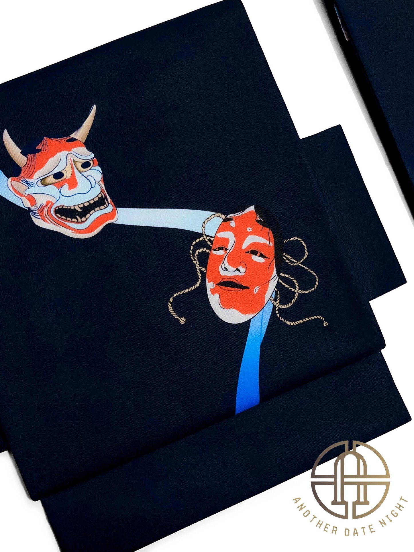 Noh mask Pre-Tied Nagoya Obi, Dark Navy Blue Easy-Wear Kimono Belt: Hannya & Ko-omote Motif