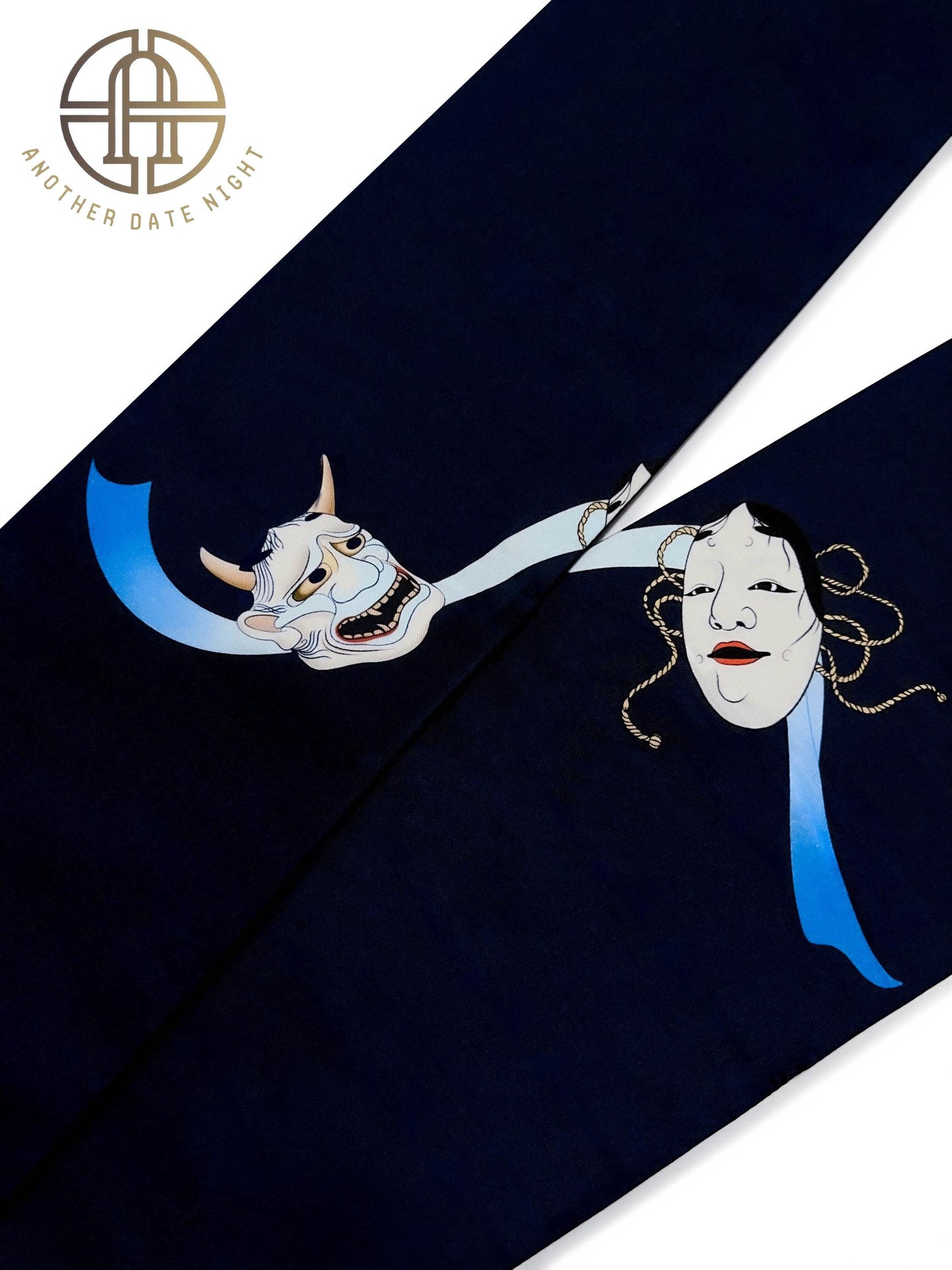 Noh mask Pre-Tied Nagoya Obi, Dark Navy Blue Easy-Wear Kimono Belt: Hannya & Ko-omote Motif