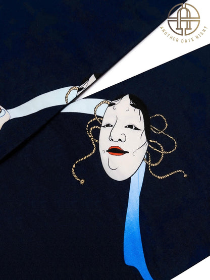 Noh mask Pre-Tied Nagoya Obi, Dark Navy Blue Easy-Wear Kimono Belt: Hannya & Ko-omote Motif