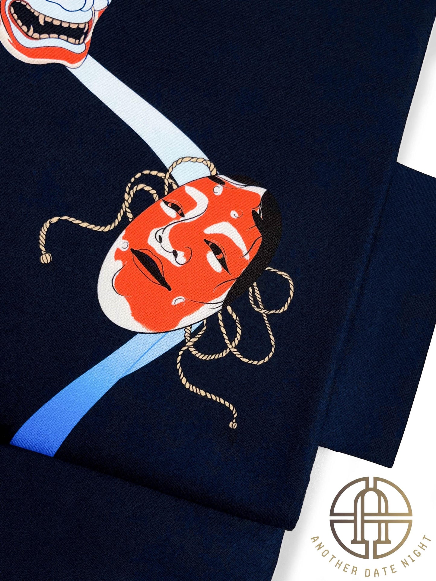 Noh mask Pre-Tied Nagoya Obi, Dark Navy Blue Easy-Wear Kimono Belt: Hannya & Ko-omote Motif