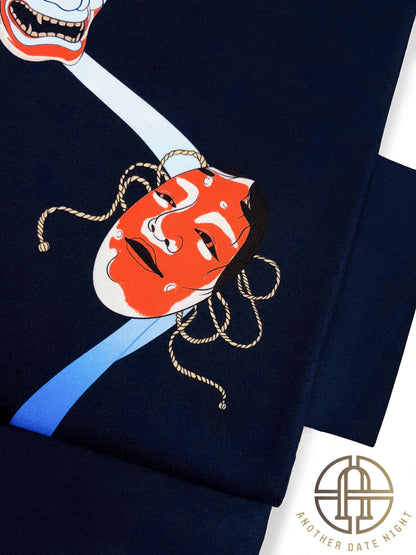 Noh mask Pre-Tied Nagoya Obi, Dark Navy Blue Easy-Wear Kimono Belt: Hannya & Ko-omote Motif