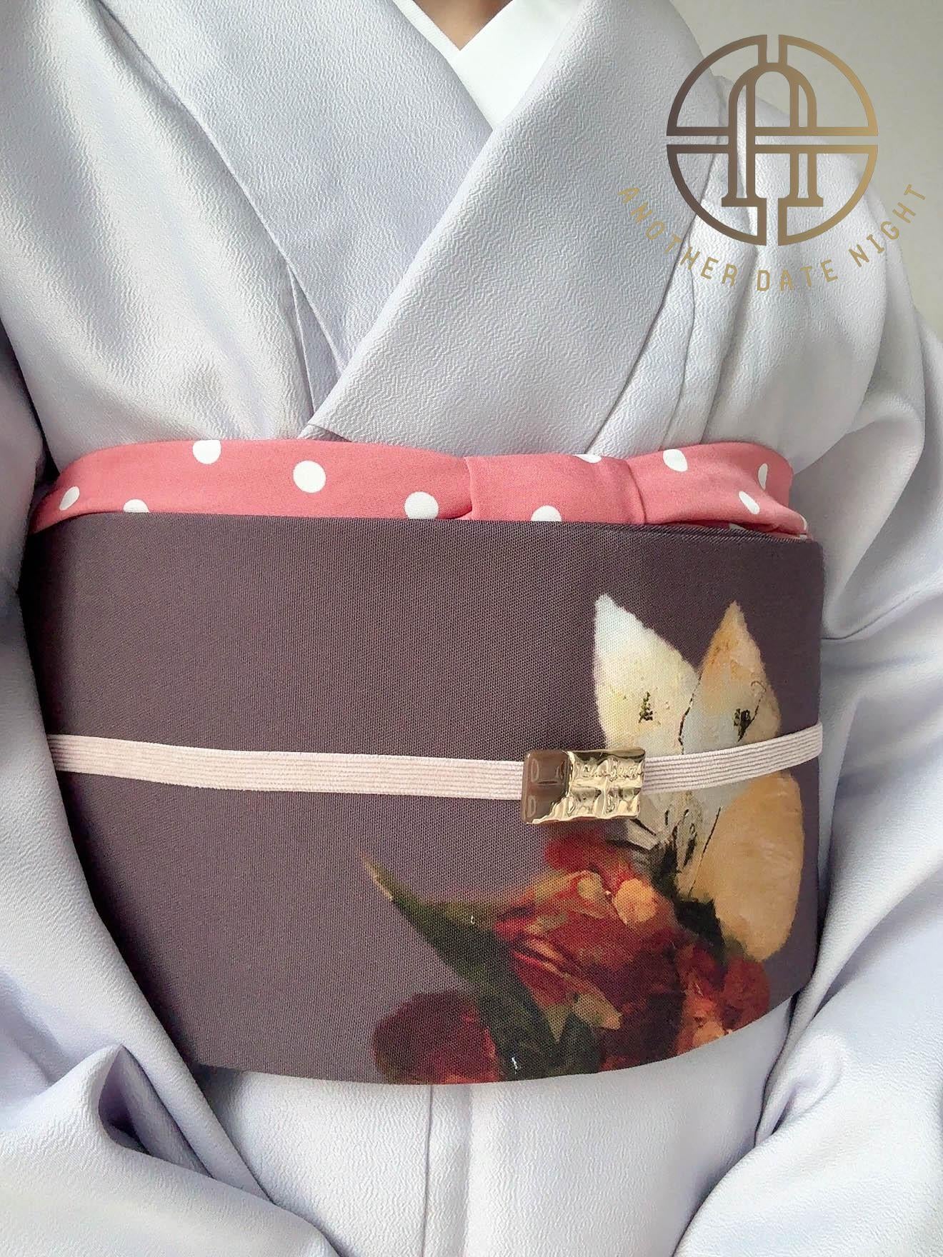 Purple Kimono Obi Belt, Easy-to-Wear, Pre-Tied Taiko Knot