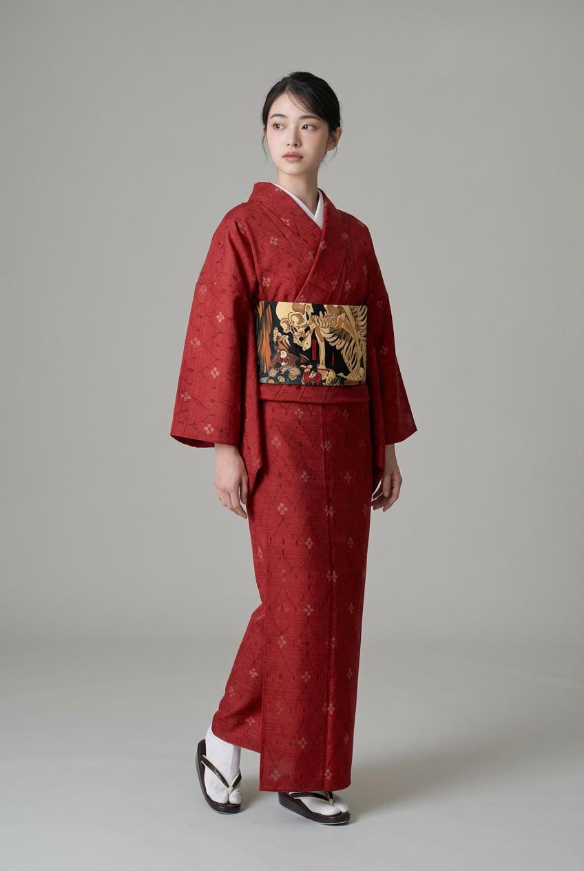 Takiyasha Witch Ukiyo-e Easy Wear Obi, Pre-Tied Taiko Knot, Wear in 5-10 Mins