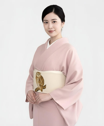 Pre-Tied Nagoya Obi, Taiko Knot, Owl Design Kimono Sash
