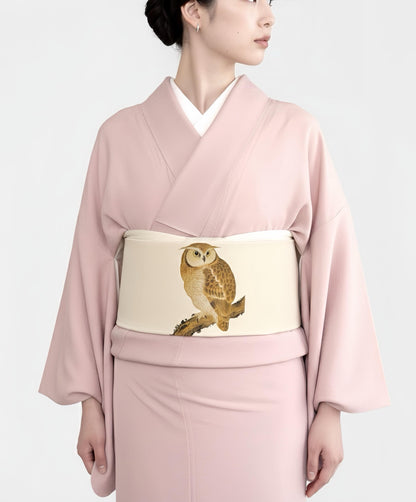 Pre-Tied Nagoya Obi, Taiko Knot, Owl Design Kimono Sash