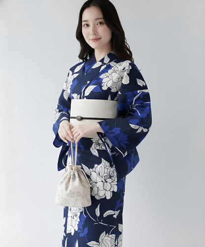 Blue Floral Japanese Cotton Yukata Set with Obi Options & Geta