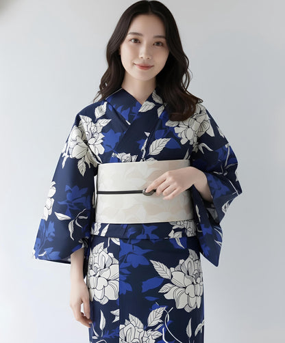 Blue Floral Japanese Cotton Yukata Set with Obi Options & Geta