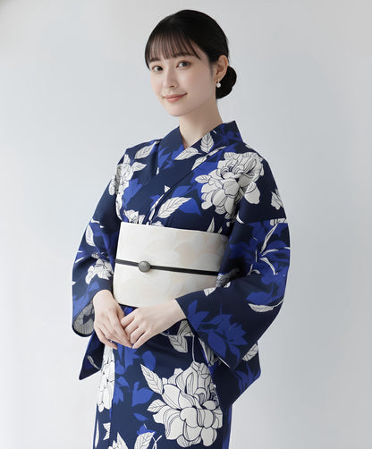 Blue Floral Japanese Cotton Yukata Set with Obi Options & Geta