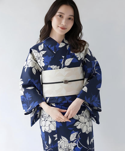 Blue Floral Japanese Cotton Yukata Set with Obi Options & Geta
