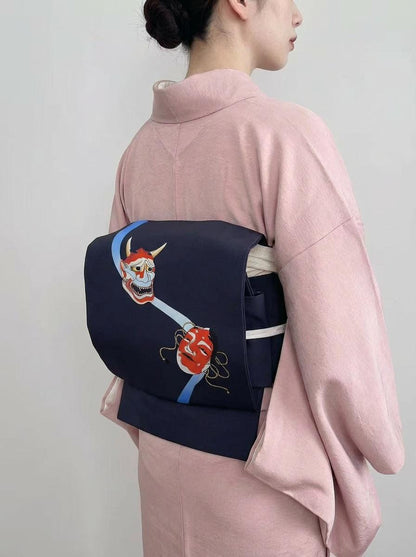 Noh mask Pre-Tied Nagoya Obi, Dark Navy Blue Easy-Wear Kimono Belt: Hannya & Ko-omote Motif