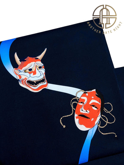 Noh mask Pre-Tied Nagoya Obi, Dark Navy Blue Easy-Wear Kimono Belt: Hannya & Ko-omote Motif