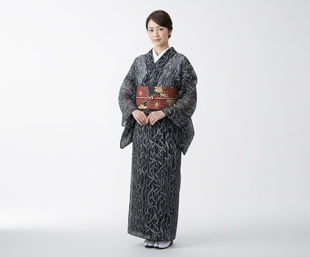 Vintage Komon Kimono with Floral Pattern, Ro Summer Kimono, Washable, Rank A+, B12