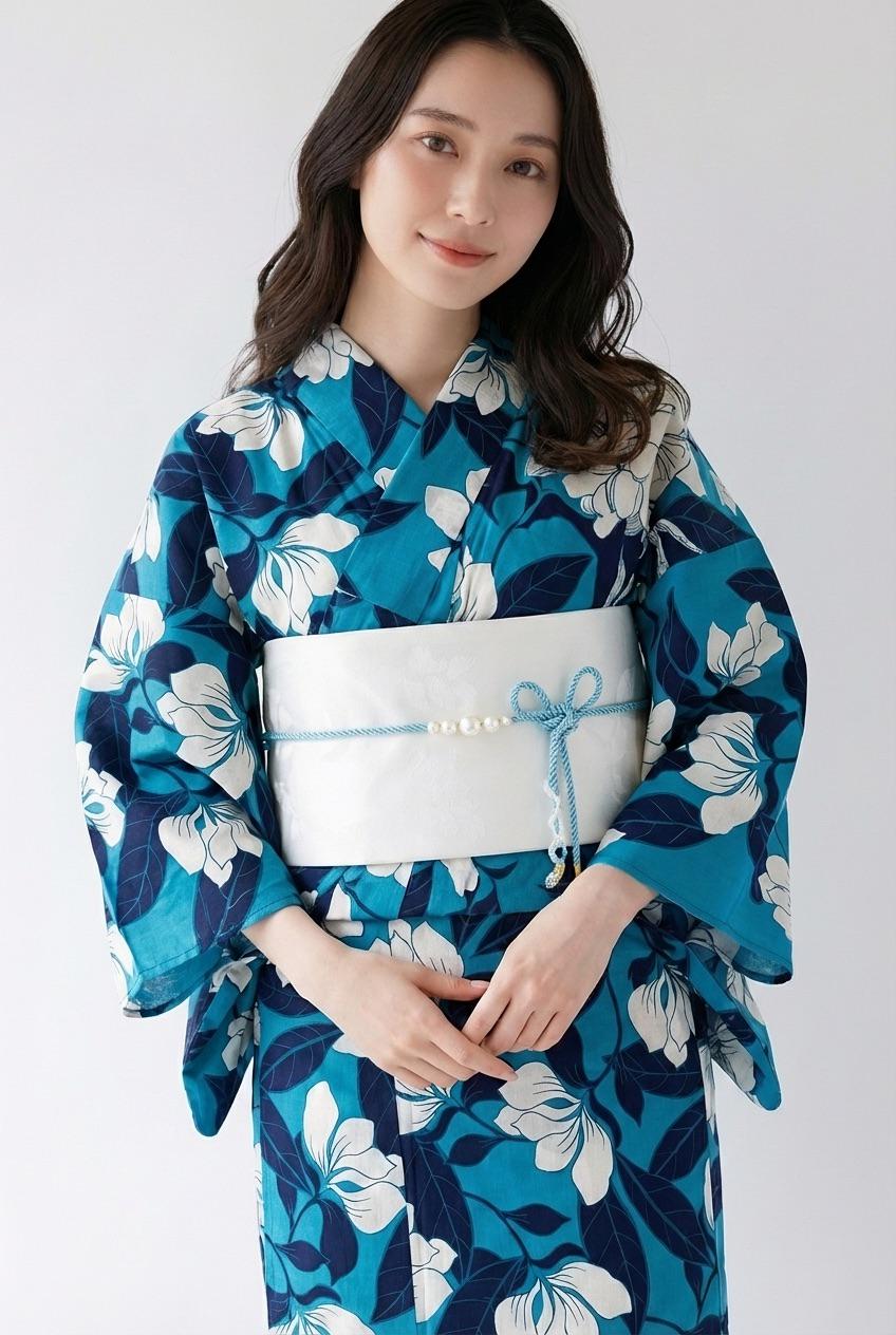 Blue Floral Japanese Cotton Yukata, Standard Sizes or Bespoke Custom Fit, Includes Koshi Himo