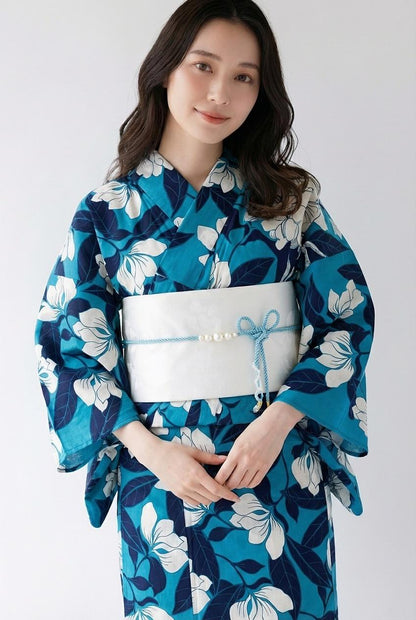 Blue Floral Japanese Cotton Yukata, Standard Sizes or Bespoke Custom Fit, Includes Koshi Himo