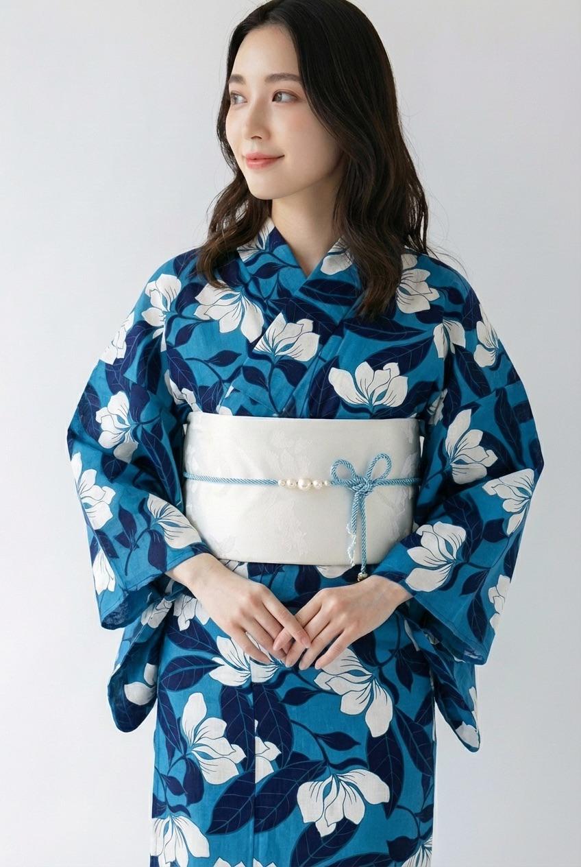 Blue Floral Japanese Cotton Yukata, Standard Sizes or Bespoke Custom Fit, Includes Koshi Himo