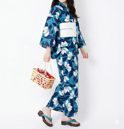 Blue Floral Japanese Cotton Yukata, Standard Sizes or Bespoke Custom Fit, Includes Koshi Himo