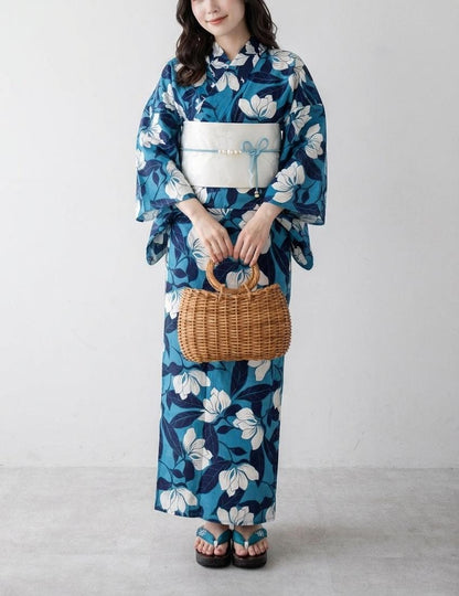 Blue Floral Japanese Cotton Yukata, Standard Sizes or Bespoke Custom Fit, Includes Koshi Himo