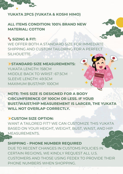 Cat Pattern Cotton Yukata Set, Obi Belt, Obijime & Sandals, Custom Fit Available