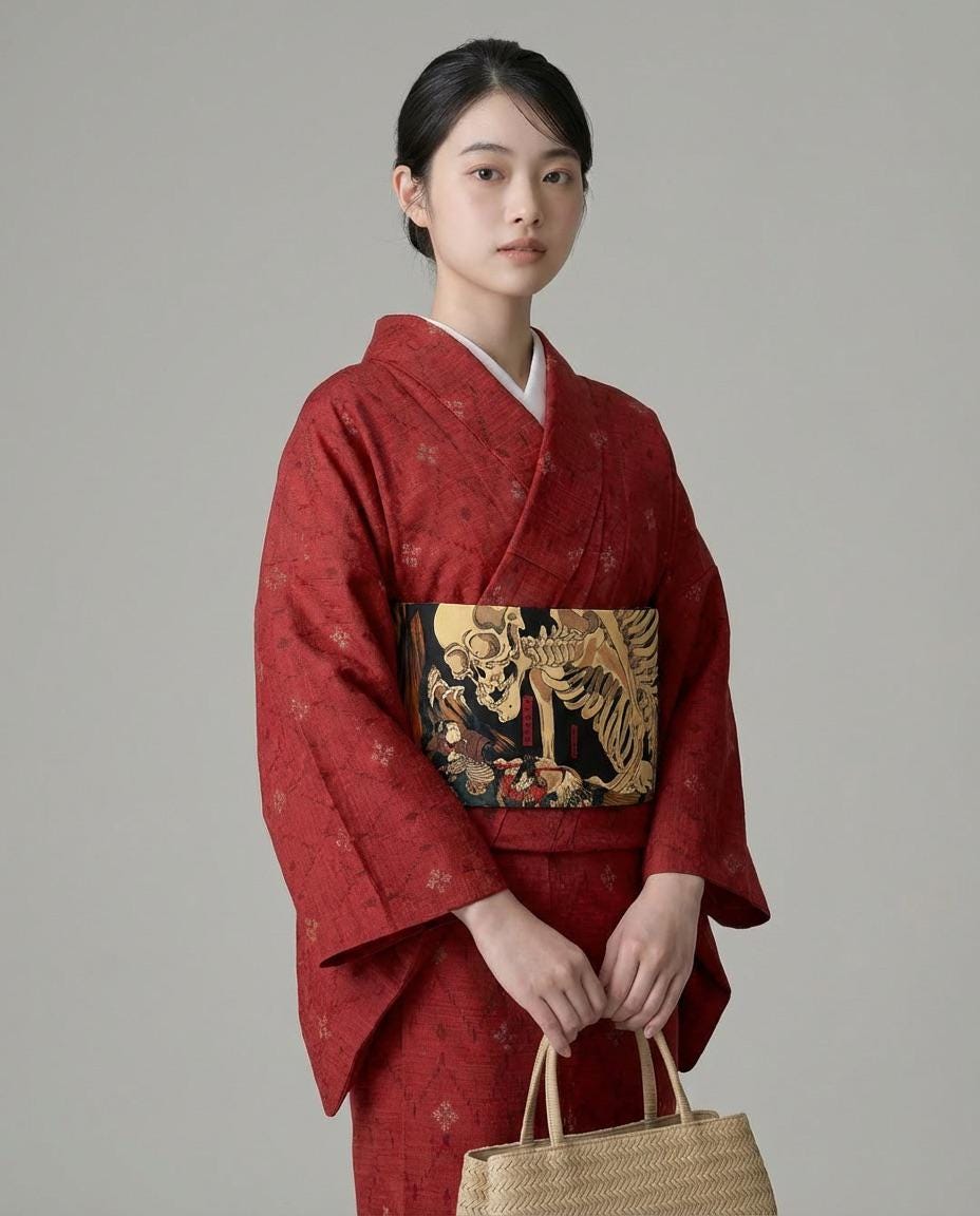 Takiyasha Witch Ukiyo-e Easy Wear Obi, Pre-Tied Taiko Knot, Wear in 5-10 Mins