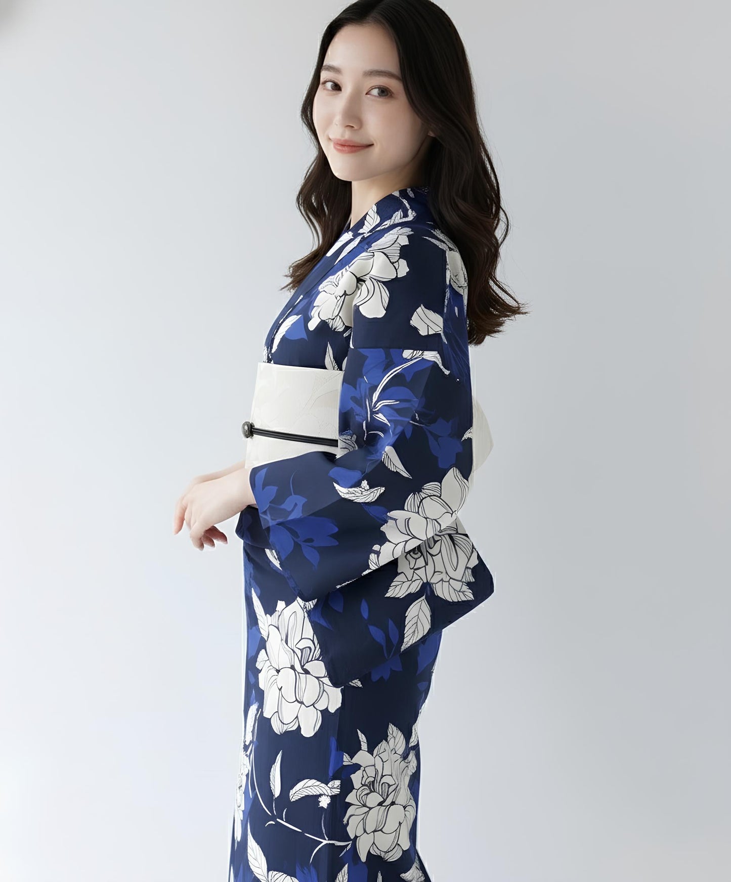 Blue Floral Japanese Cotton Yukata Set with Obi Options & Geta