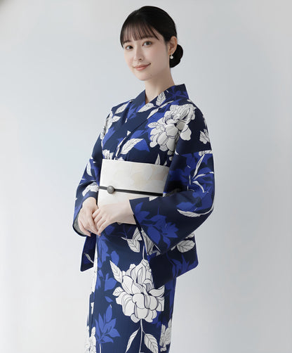 Blue Floral Japanese Cotton Yukata Set with Obi Options & Geta