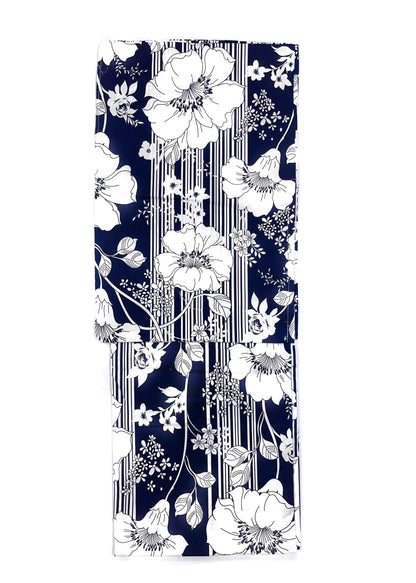 Navy Blue Floral Japanese Cotton Yukata Set with Obi Belt, Obijime, Geta Sandals, Custom Fit Available