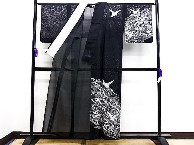 Vintage Houmongi Kimono with Crane Pattern, Ro Summer Kimono, Washable, Rank A-, B14