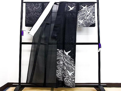 Vintage Houmongi Kimono with Crane Pattern, Ro Summer Kimono, Washable, Rank A-, B14