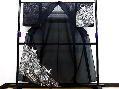 Vintage Houmongi Kimono with Crane Pattern, Ro Summer Kimono, Washable, Rank A-, B14