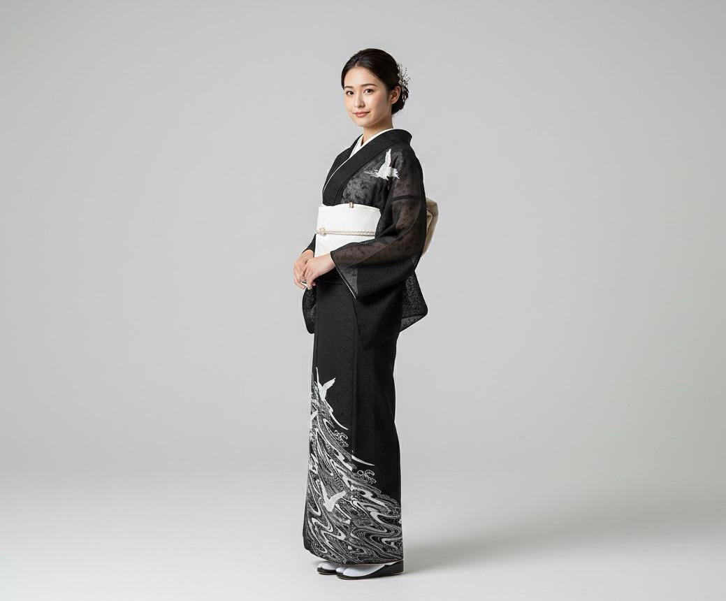 Vintage Houmongi Kimono with Crane Pattern, Ro Summer Kimono, Washable, Rank A-, B14