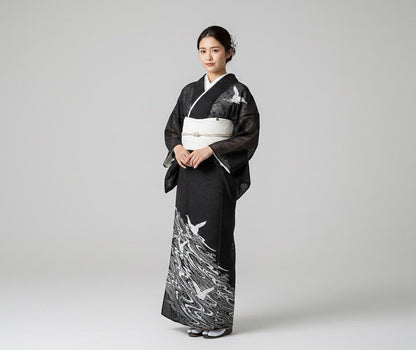 Vintage Houmongi Kimono with Crane Pattern, Ro Summer Kimono, Washable, Rank A-, B14