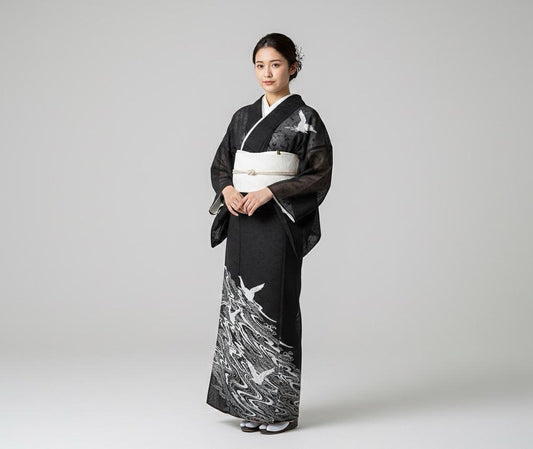 Vintage Houmongi Kimono with Crane Pattern, Ro Summer Kimono, Washable, Rank A-, B14