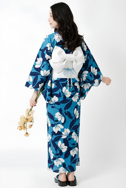 Blue Floral Japanese Cotton Yukata, Standard Sizes or Bespoke Custom Fit, Includes Koshi Himo