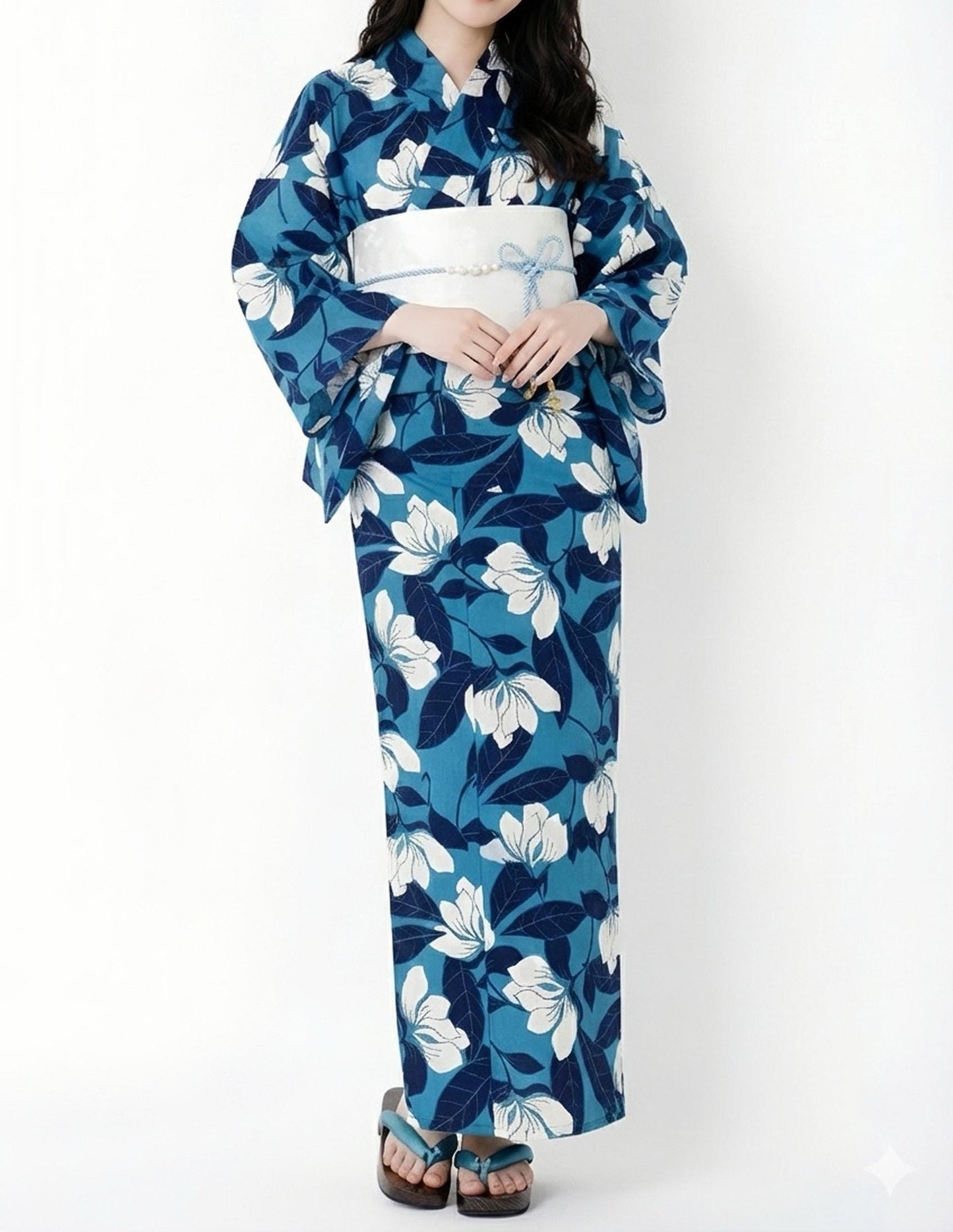 Blue Floral Japanese Cotton Yukata, Standard Sizes or Bespoke Custom Fit, Includes Koshi Himo