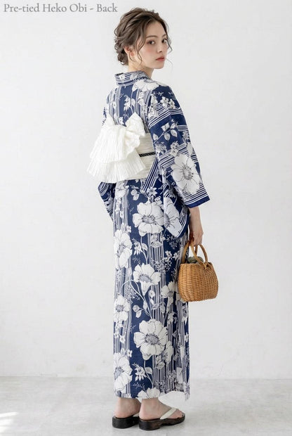 Navy Blue Floral Japanese Cotton Yukata Set with Obi Belt, Obijime, Geta Sandals, Custom Fit Available