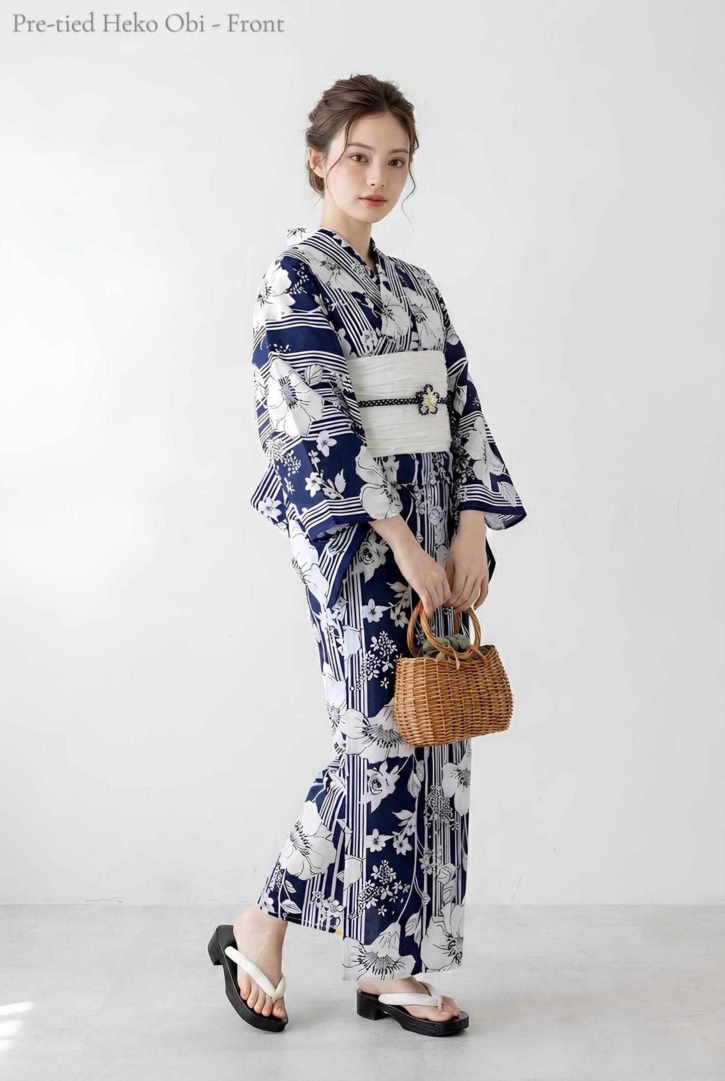 Navy Blue Floral Japanese Cotton Yukata Set with Obi Belt, Obijime, Geta Sandals, Custom Fit Available