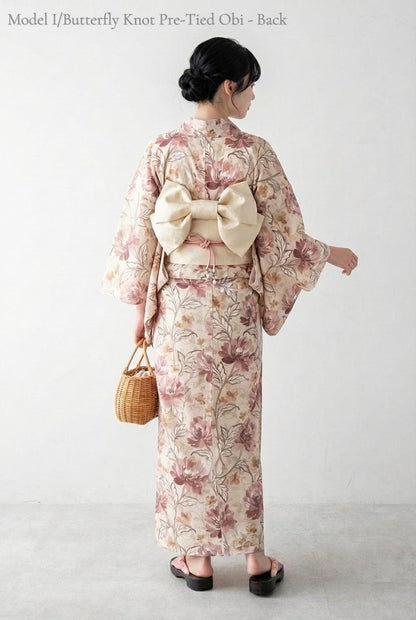 Floral Japanese Cotton Yukata Set, Obi Belt & Geta Sandals, Beige and Dusty Pink, Custom Fit Available
