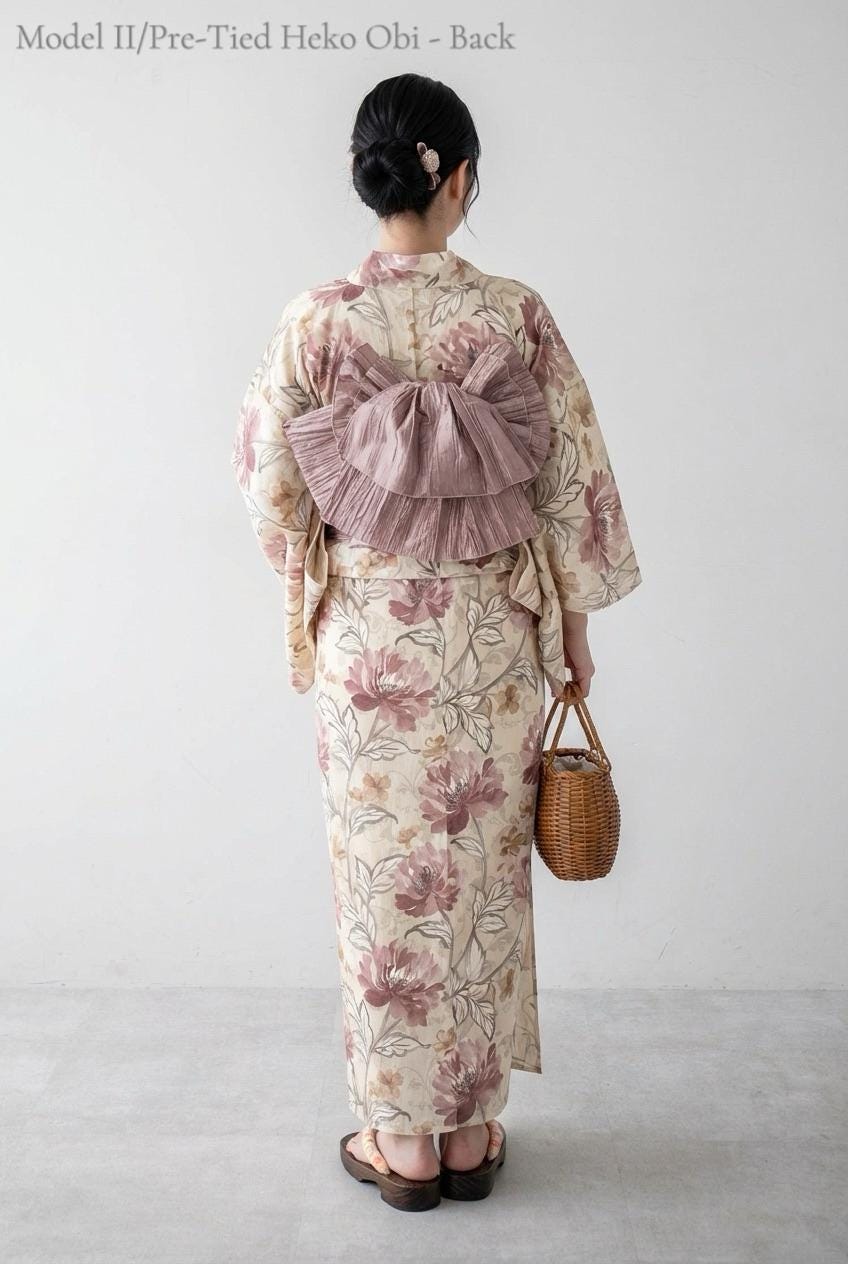 Floral Japanese Cotton Yukata Set, Obi Belt & Geta Sandals, Beige and Dusty Pink, Custom Fit Available