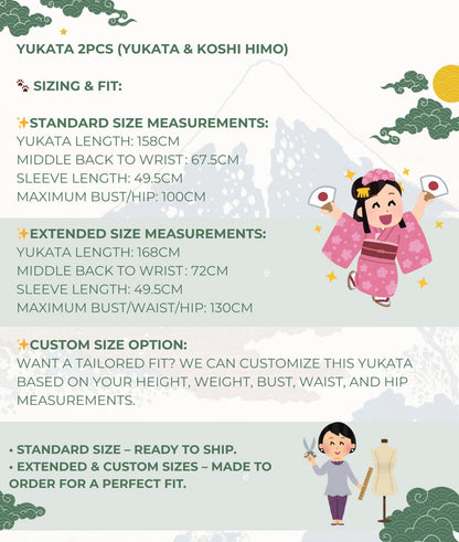 Green Floral Japanese Cotton Yukata Set, Obi Belt & Geta Sandals, Custom Fit Available