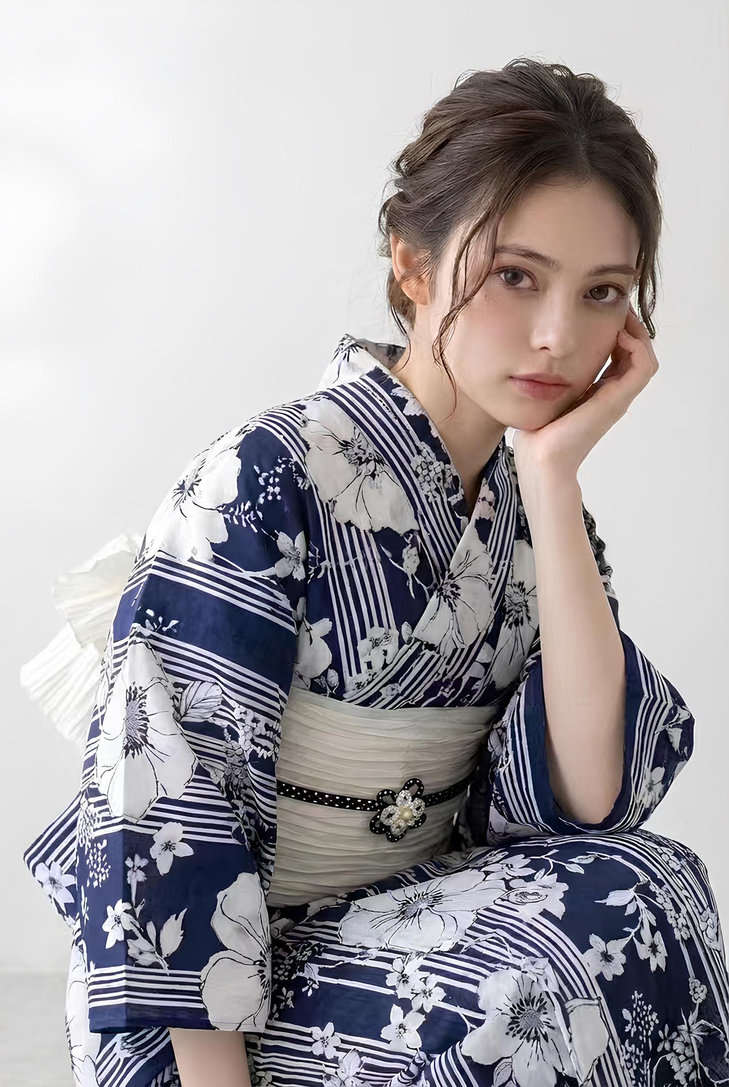 Navy Blue Floral Japanese Cotton Yukata Set with Obi Belt, Obijime, Geta Sandals, Custom Fit Available