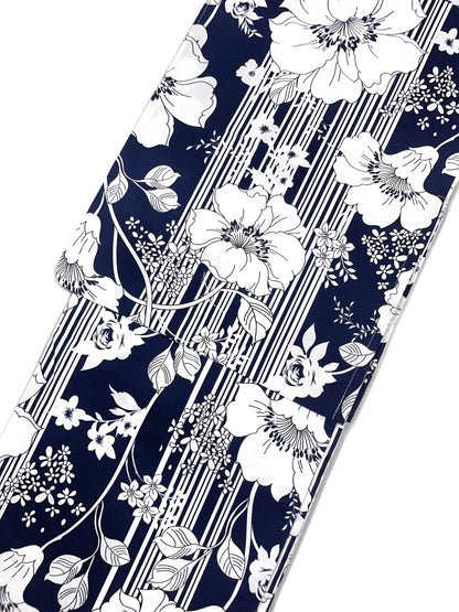 Navy Blue Floral Japanese Cotton Yukata Set with Obi Belt, Obijime, Geta Sandals, Custom Fit Available