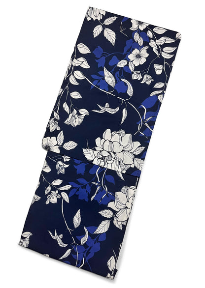 Blue Floral Japanese Cotton Yukata Set with Obi Options & Geta