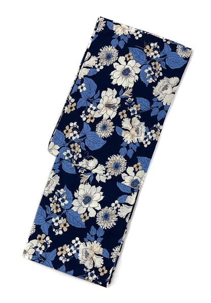 Navy Floral Cotton Yukata Set, Obi Belt & Sandals, Custom Fit Available