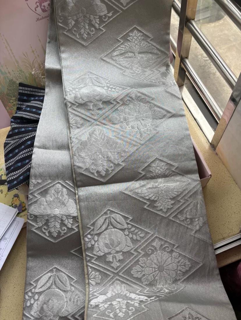 Vintage Silk Kimono Belt: Sliver Fukuro Obi, 60% Patterned, OB107