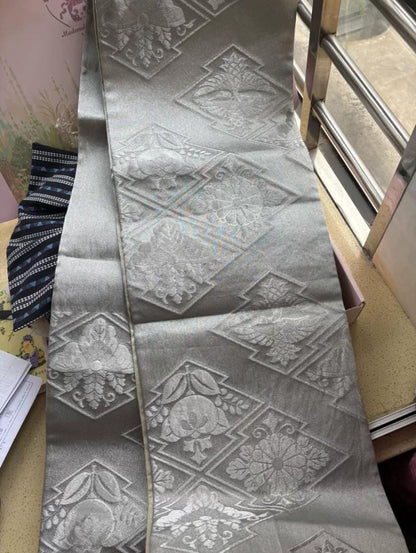 Vintage Silk Kimono Belt: Sliver Fukuro Obi, 60% Patterned, OB107