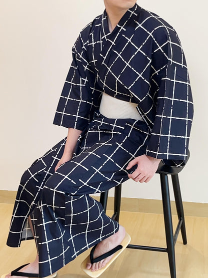 Mens' Navy Cotton Yukata 3PCS/5PCS Set, Custom Fit Available